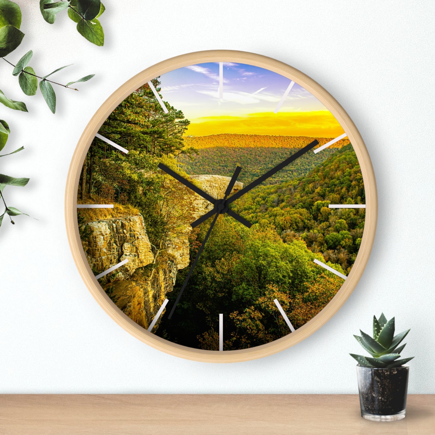 Hawksbill Crag Sunset Wall Clock — Scenic Arkansas Ozark Sunset View