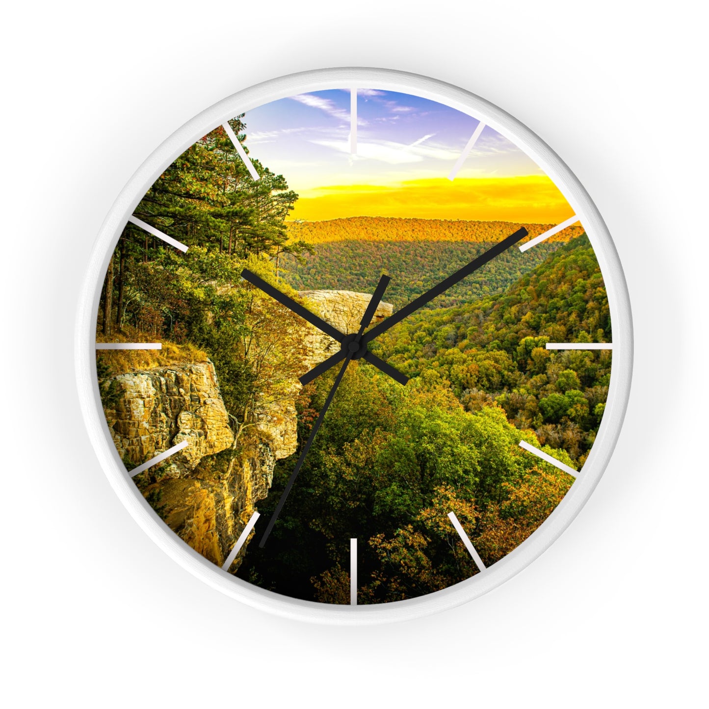 Hawksbill Crag Sunset Wall Clock — Scenic Arkansas Ozark Sunset View