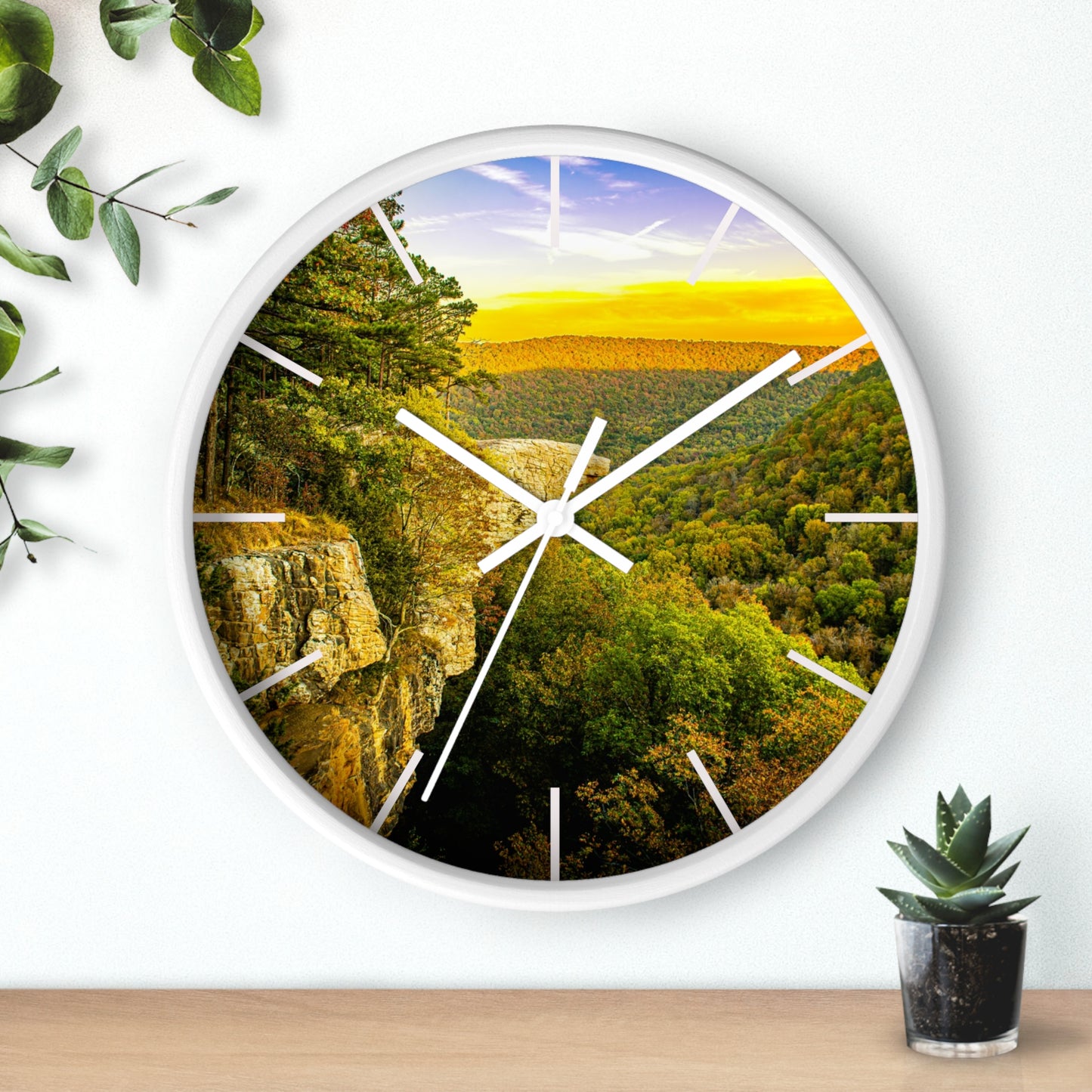 Hawksbill Crag Sunset Wall Clock — Scenic Arkansas Ozark Sunset View