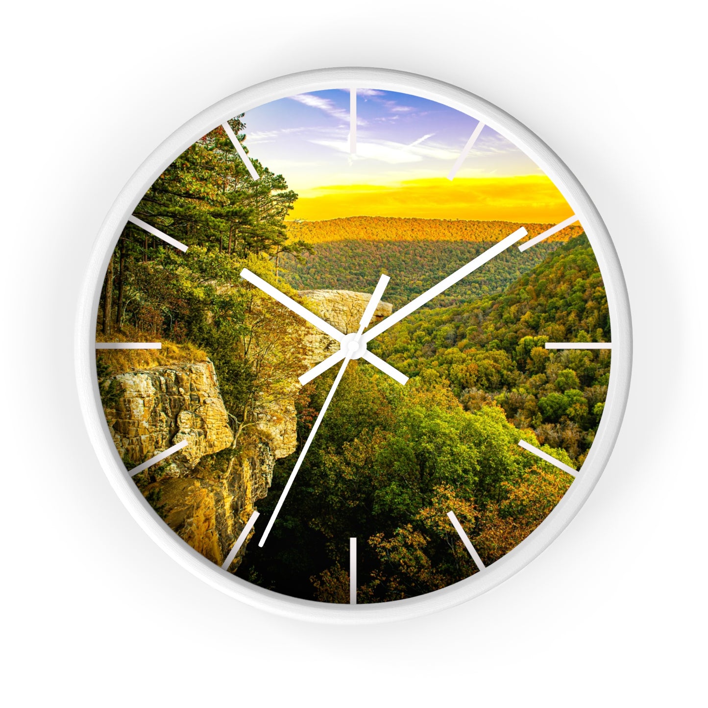Hawksbill Crag Sunset Wall Clock — Scenic Arkansas Ozark Sunset View