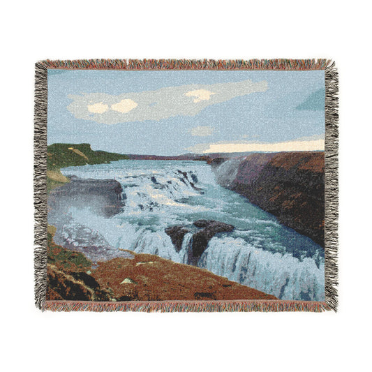 Gulfoss Waterfall Woven Blanket — Icelandic Golden Circle Scenic Throw