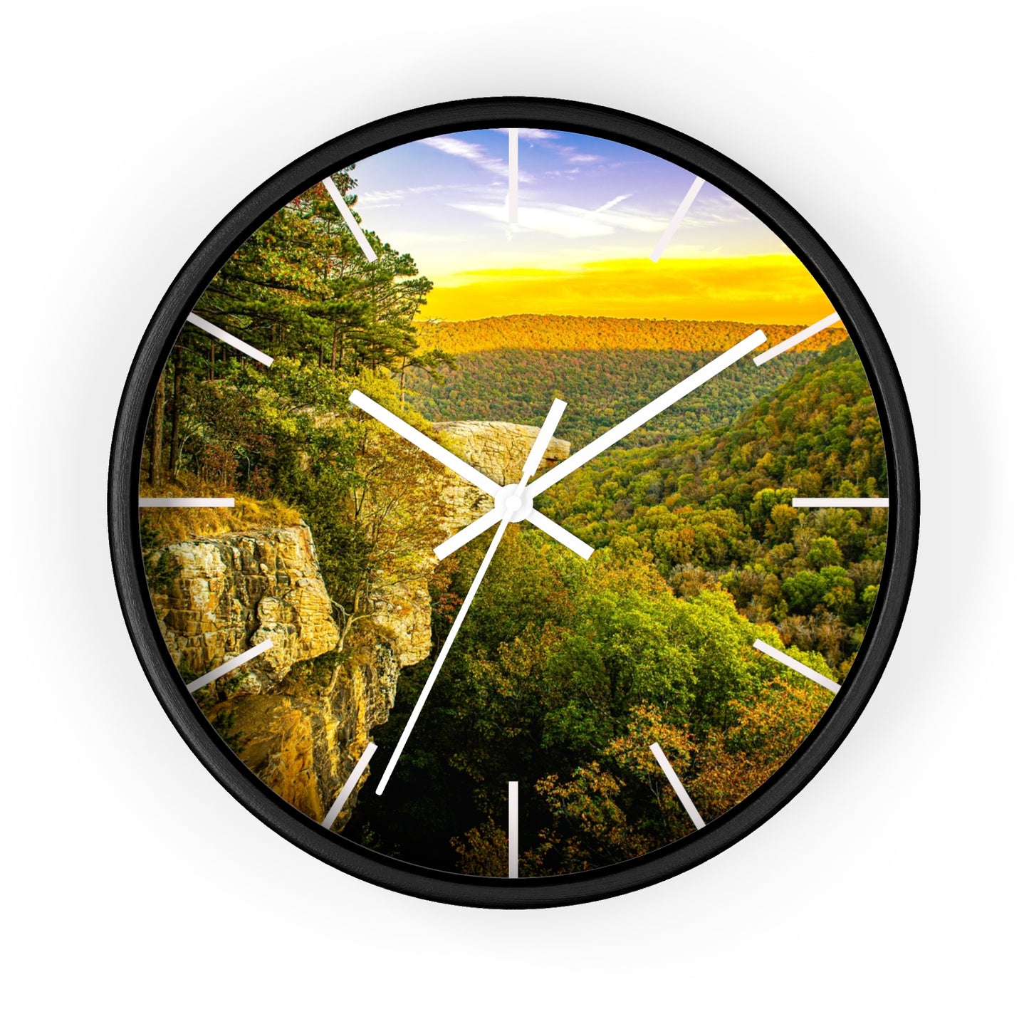 Hawksbill Crag Sunset Wall Clock — Scenic Arkansas Ozark Sunset View