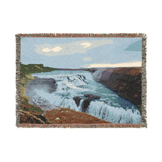 Gulfoss Waterfall Woven Blanket — Icelandic Golden Circle Scenic Throw